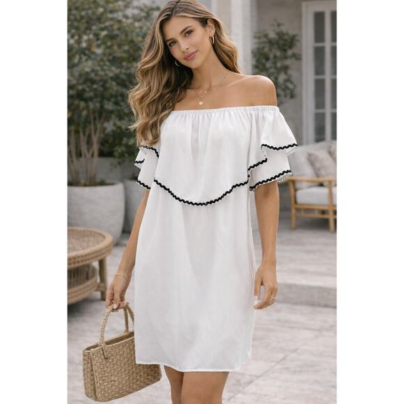 entro Dresses & Skirts - NWT Entro White Ruffle Dress Black Trim Flutter Sleeve Dress Size Small